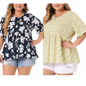 Women's Plus Size 2 Pieces Floral Pleated V Neck Ruffle Short Sleeve Casual Tiered Babydoll Blouses - Agnes Orinda - 1 of 4