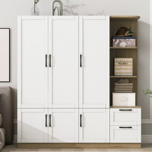 3 Door Wooden Storage Wardrobe for Dedroom with Shelves and 2 Drawers, Side Storage Shelves,Nature - 1 of 4
