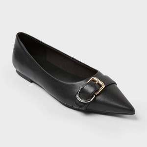Women’s Valentina Pointed Toe Buckle Ballet Flats with Memory Foam Insole – A New day™ Black - 1 of 4