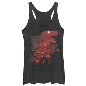 Women's Jurassic Park T.Rex, Velociraptor Invite You To Visit Beautiful Landscape Racerback Tank Top - 1 of 3