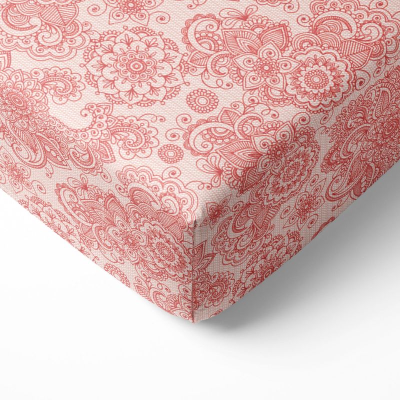Bacati - Floral Scroll Printed Coral 100 percent Cotton Universal Baby US Standard Crib or Toddler Bed Fitted Sheet, 1 of 7