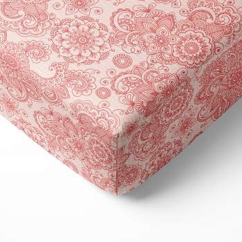 Bacati - Floral Scroll Printed Coral 100 percent Cotton Universal Baby US Standard Crib or Toddler Bed Fitted Sheet