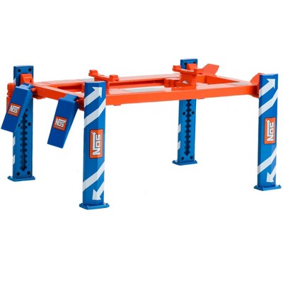 Adjustable Four Post Lift "NOS Nitrous Oxide Systems" Blue and Orange for 1/18 Scale Model Cars by Greenlight