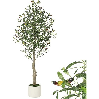 Faux Olive Tree Tall, Olive Trees Artificia Indoor with White Planter and Green Moss, Fake UV Resistant Artificial Tree, for Home Office
