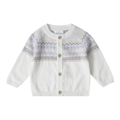 Stellou & Friends 100% Cotton Jacquard Design Infant Baby Long Sleeve Crew Neck Sweater - 0-3 Months / White with Periwinkle and Beige