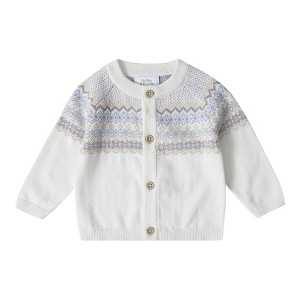 Stellou & Friends 100% Cotton Jacquard Design Infant Baby Long Sleeve Crew Neck Sweater - 0-3 Months / White with Periwinkle and Beige - 1 of 4