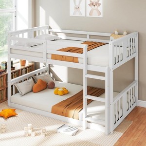 Zevemomo Low Twin Over Twin Bunk Bed, Solid Pine Wood Frame with Built-in Ladder, Converts to 2 Twin Beds, Space-Saving Floor Bed for Bedroom,White - 1 of 4