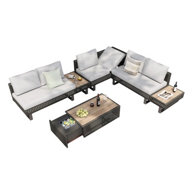 Maggift Patio Seating Sets, Expandable Outdoor Sectional Set with Comfort Cushion, for Lawn Backyard, Gray, 136.21"*70.27"*46.98"