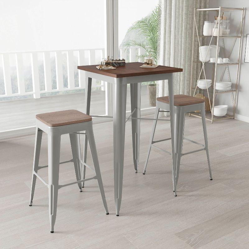 Merrick Lane 3 Piece Bar Table and Stools Set with 23.5" Square Silver Metal Table with Wood Top and 2 Matching Bar Stools, 3 of 5