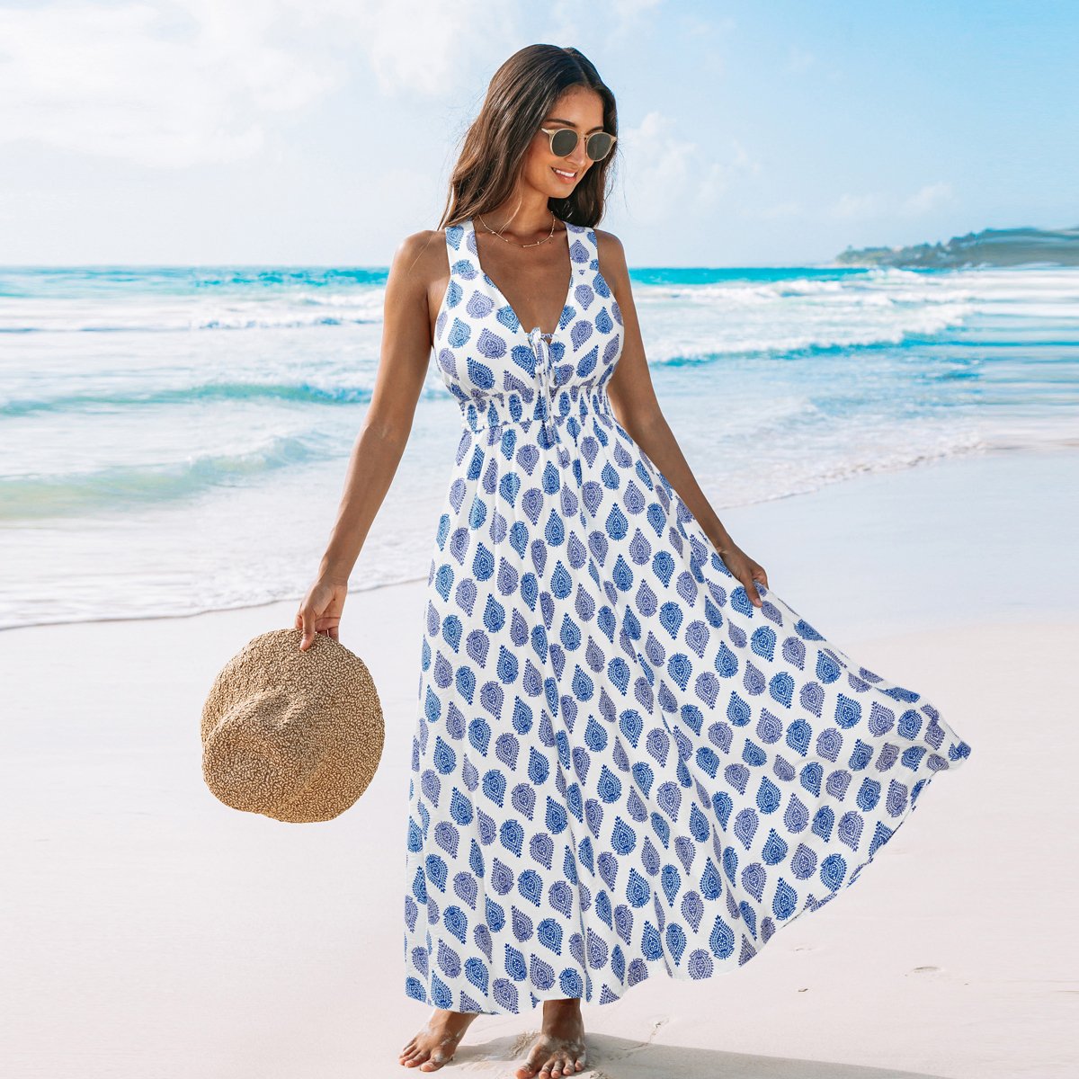 Женские платья Cupshe Women's Breezy Blue Leaf Print Maxi Beach Dress-L-Blue — фото 5