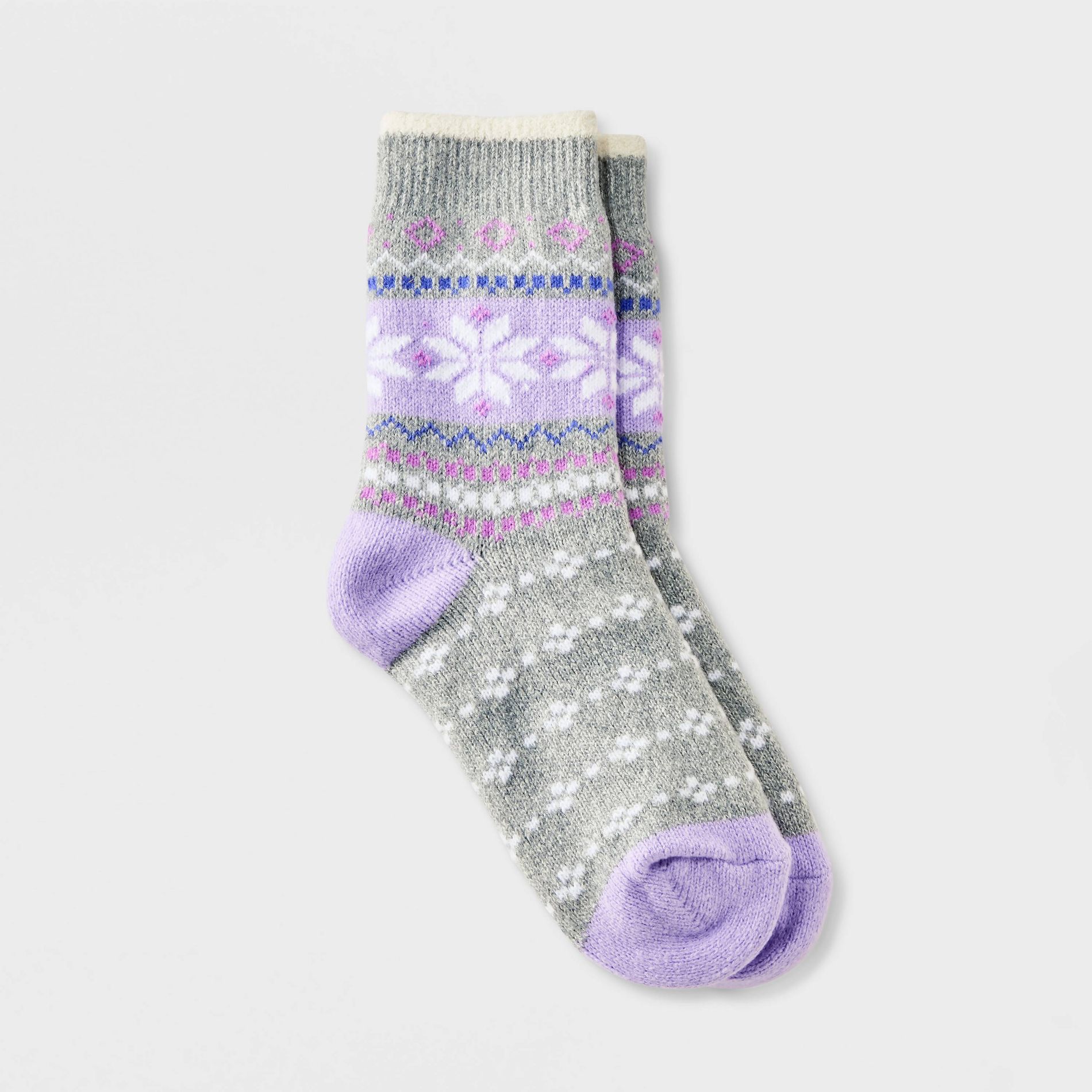 Kids' Christmas Sweater Knit Double Lined Cozy Crew Socks - Cat & Jack™ Gray and Lavender with Snowflakes L