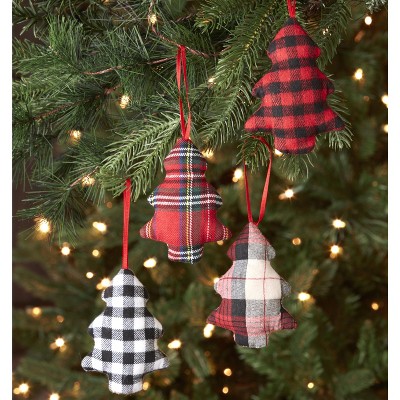 Lakeside Plush Plaid Christmas Tree Ornaments - Farmhouse Buffalo Check - Set of 4