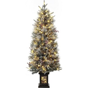 4.5ft Pre-Lit Christmas Tree, Potted Snow Flocked Xmas Tree with 200 Lights, Red Berry Clusters & Light Box for Christmas Decoration - 1 of 4