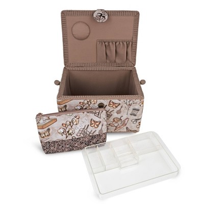 Large Taupe Cotton Rectangular Sewing Basket with Zippered Case