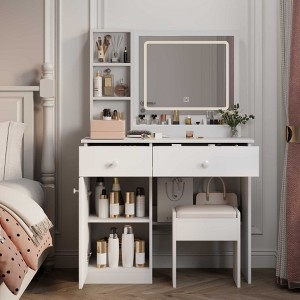 AENKYO Vanity Desk with 3 Color Lighting LED Lights Mirror, Makeup Table Set, 2 Drawers & Adjustable Brightness, White - 1 of 4