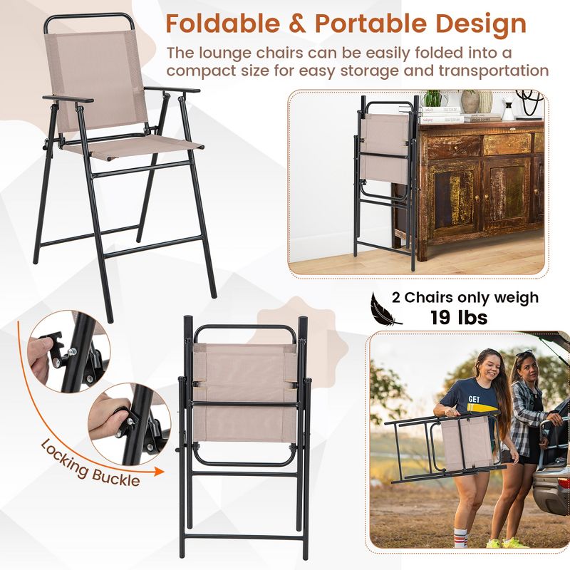 Tangkula Outdoor Folding Bar Chair Set of 2 Patio Dining Chairs w/ Breathable Fabric, 4 of 10