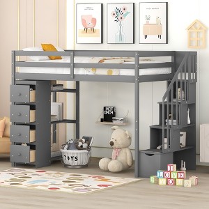 NicBex Twin Size Bunk Bed Loft Bed Pine Bed Frame with 4 Drawers, 3 Shelves, Storage Stairs and Guardrail, No Box Spring Required - 1 of 4