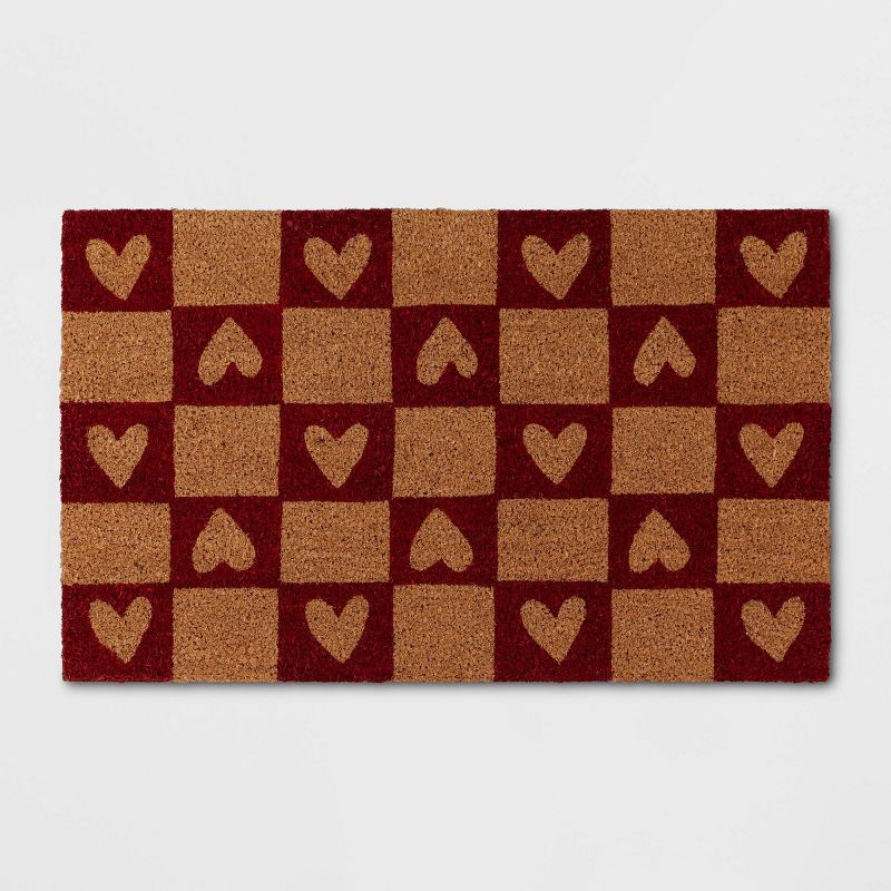 1&#39;6&#34;x2&#39;6&#34; Checkered Hearts Coir Doormat Red - Threshold&#8482;, 1 of 11