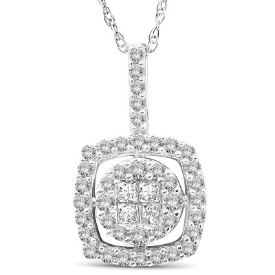 Pompeii3 3/8 cttw Princess Cut Pave Diamond Halo Womens Pendant 10K White Gold 3/4" Tall
