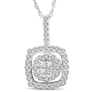 Pompeii3 3/8 cttw Princess Cut Pave Diamond Halo Womens Pendant 10K White Gold 3/4" Tall - 1 of 3