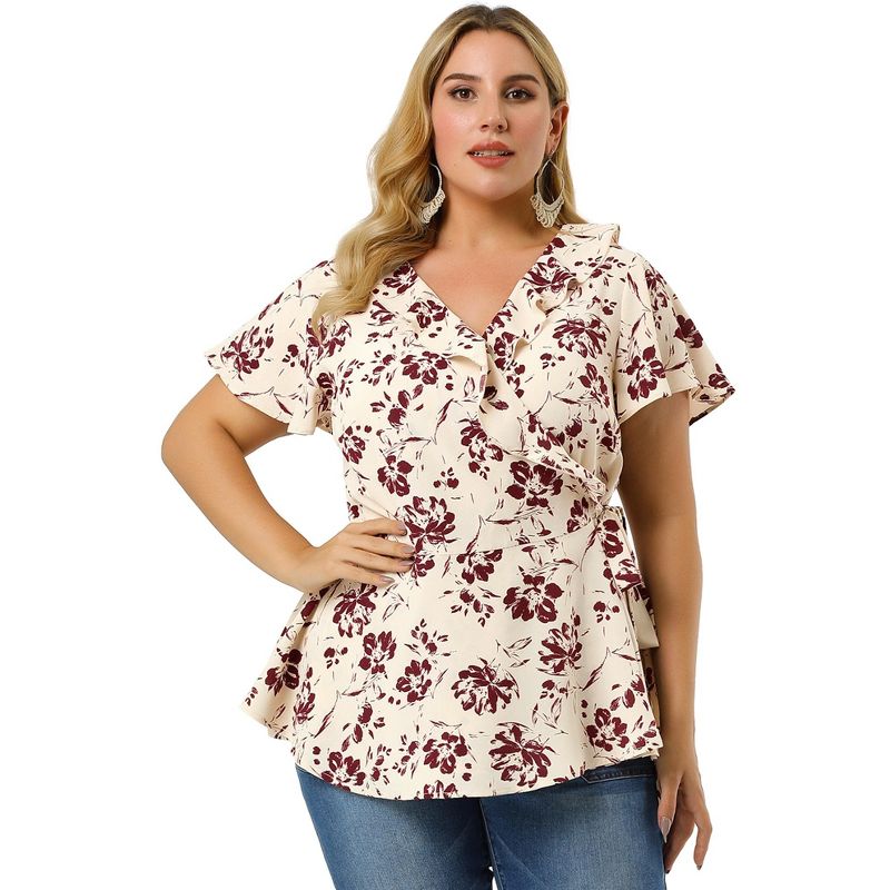 Agnes Orinda Women's Plus Size Relaxed Fit Ruffle Neck Floral Wrap Tie Waist Blouse, 4 of 8