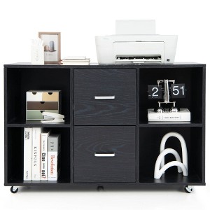 Tangkula Rolling Wood File Cabinet w/ 2 Large Drawers & 4 Open Compartments Office Black - 1 of 4
