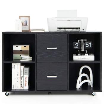 Tangkula Rolling Wood File Cabinet w/ 2 Large Drawers & 4 Open Compartments Office Black
