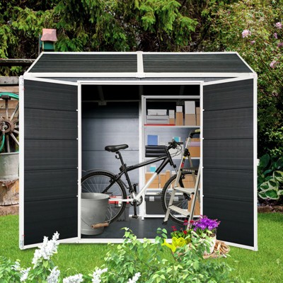 96.25"4x8ft Resin Outdoor Storage Shed with Two-Window and Double-Door,Plastic Shed with Floor forGargen,Patio,Yard,Lawn,Black