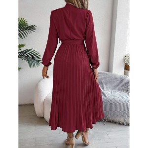 Women'S Stand-Up Collar Long Sleeve Waist Pleated Long Skirt Small Dress/Wine red L - 1 of 4
