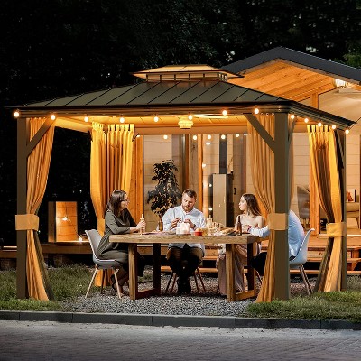 Erommy 12'x10' Beige and Gray Aluminum Hardtop Gazebo with Curtains