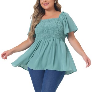 Agnes Orinda Women's Plus Size Square Neck Short Sleeve Ruffle Hem Shirred Casual Blouse - 1 of 4