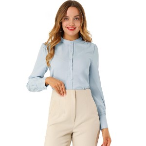INSPIRE CHIC Women's Mandarin Collar Office Long Sleeve Button Down Shirt - 1 of 4