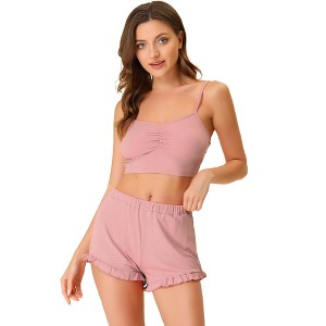 cheibear Women's Sleepwear Knit Pajamas Spaghetti Strap Runch Front Cami Lounge Pajama Set - 1 of 4