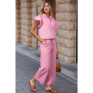 Textured Ruffled Sleeve Zipped Top and Wide Leg Pants Set - 1 of 1