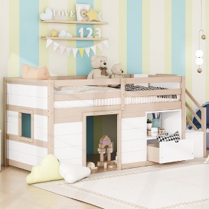 TiramisuBest SOLID WOOD TWIN SIZE LOW LOFT BED WITH STAIR - Cream,White Particle Design - 1 of 4