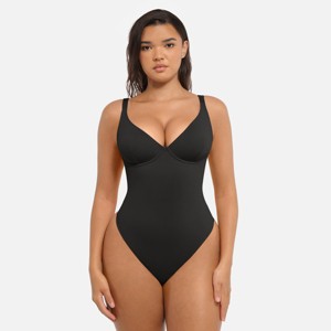 Feelingirl Women's Deep V Neck Tummy Control Thong Shapewear Bodysuit Black XS - 1 of 1
