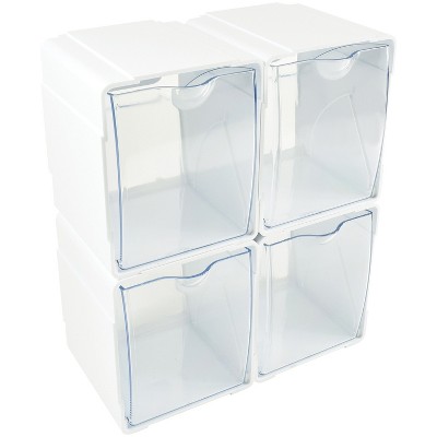 White and Clear Plastic Stackable Storage Tilt Bins, 4-Pack