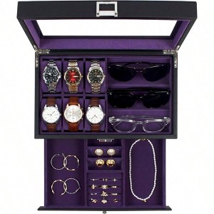 Watch Box, 6 Slot Watch Case, 3 Slot Sunglass Organizer, Real Glass Lid, Jewelry Storage for Men Women - 1 of 4