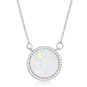 Opalata Sterling Silver White Inlay Opal Circle with Cz Border Necklace - White - 18 Inch - 1 of 2