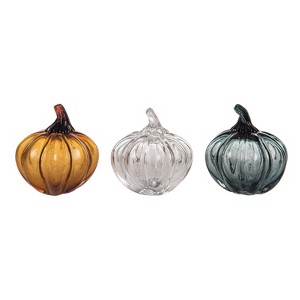 Transpac Glass Pumpkin Set of 3 Clear Green Amber Decorative Sculptures Fall Harvest Tabletop Decor Indoor Gift - 1 of 1