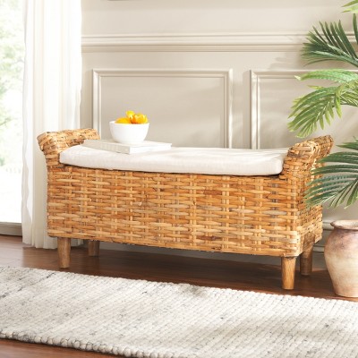 Safavieh Mango Wood Woven Bench with White Cushion