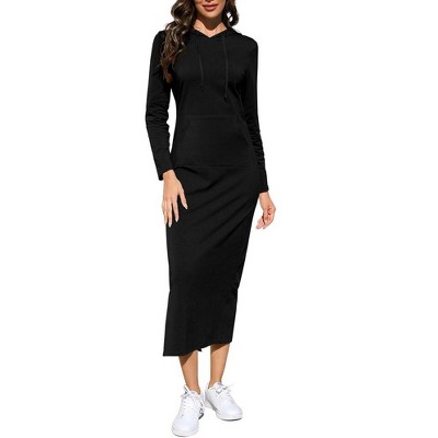 Womens Maxi Hooded Sweatshirt Dress with Front Pocket Long Sleeve Slit Sweatshirts Dress Drawsting Hoodie Comfy Sheath Dress,Black - 2XL