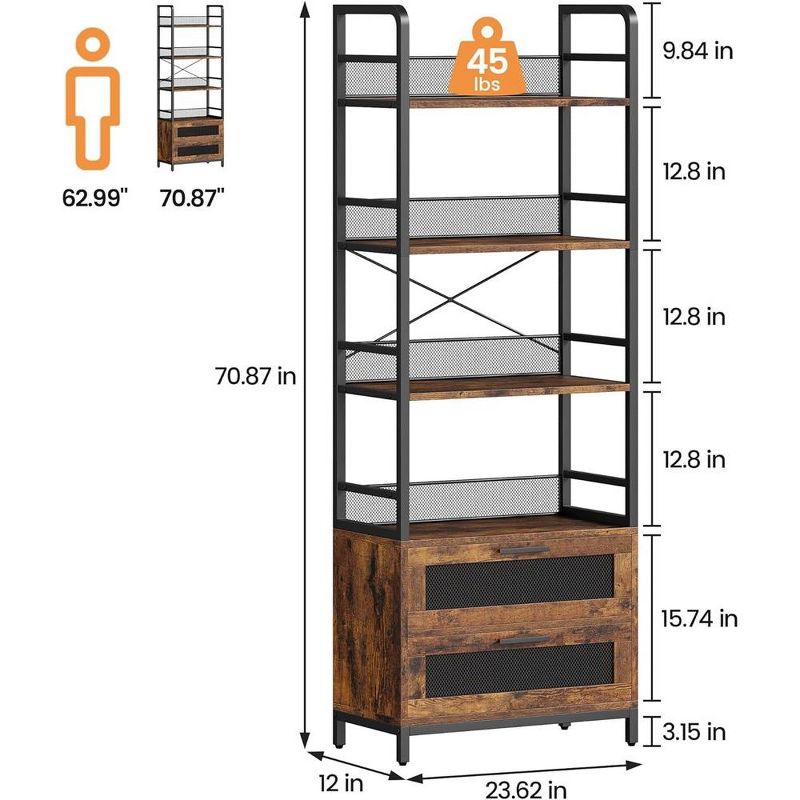 Bookshelf with Drawers Industrial Bookcase with 4 Tiers Bookshelves 70.87" in, 3 of 6