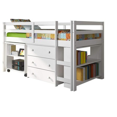 White Twin Pine Loft Bed with Storage and Desk