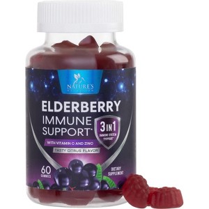 Elderberry Gummies Immune Support Gummy Vitamins C & Zinc, Potent Black Sambucus - 60 Gummies By Nature's Nutrition - 1 of 4