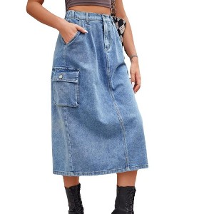 Coolmee Women Jean Midi Skirts Denim Stretchy Cargo High Waisted Fashion Skirt with Utility Pockets - 1 of 4