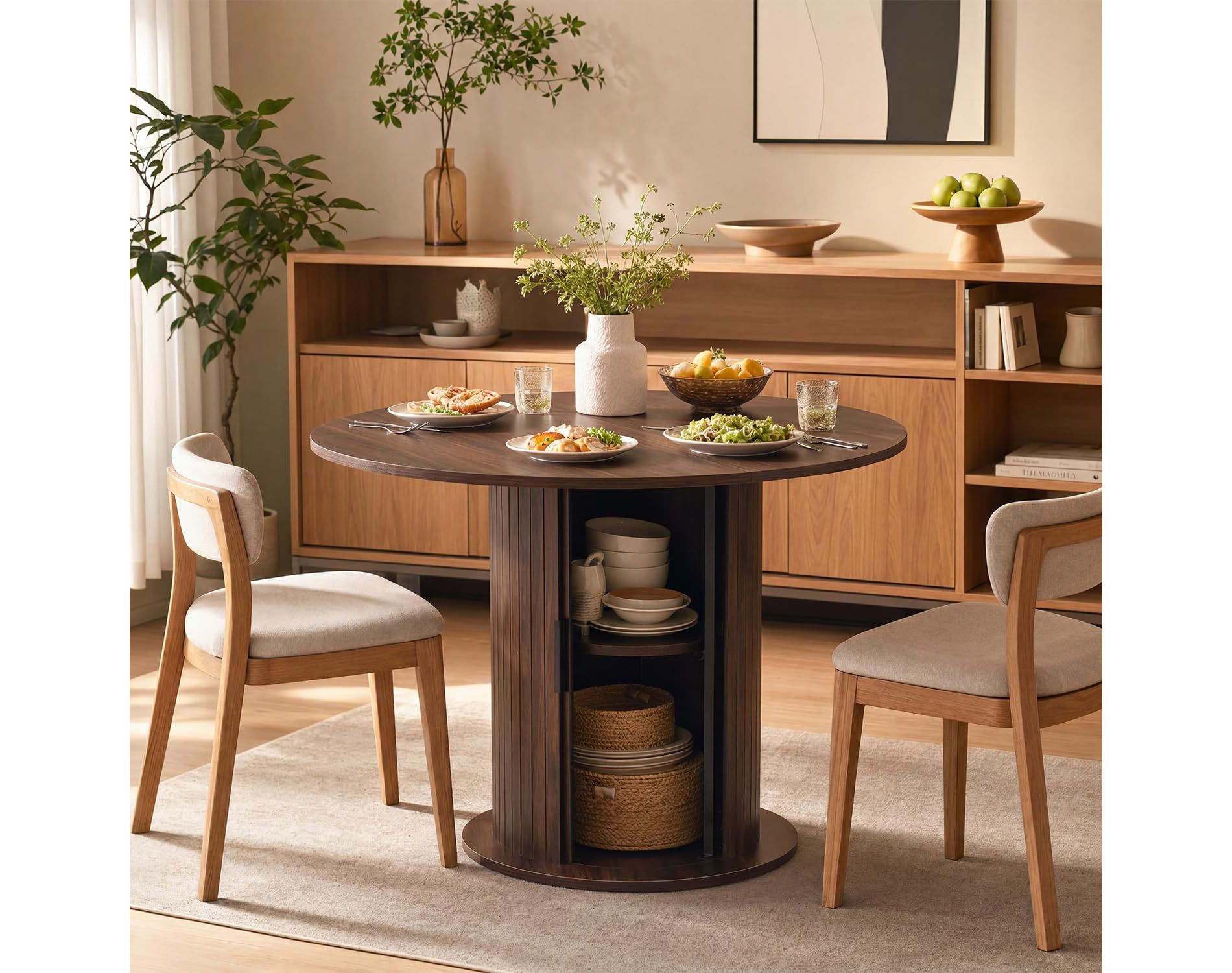 Garvee Small Round Dining Table Wood Kitchen Table , 31.5 Inch 2-4 Person Round Design, Center Storage Column, Farmhouse Home Dining Room