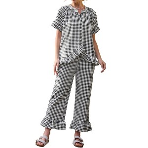 INSPIRE CHIC Women's Plaid Cute Gingham Short Sleeve Babydoll Shirt Pants Pajama Lounge Set - 1 of 4