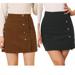 INSPIRE CHIC Women's Corduroy Vintage Button Decor Ruffled Trim High Waist Mini Skirt 2 Packs - 1 of 4