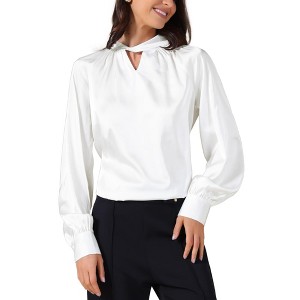 INSPIRE CHIC Women's Satin V Neck Keyhole Long Sleeves Elegant Blouse - 1 of 4